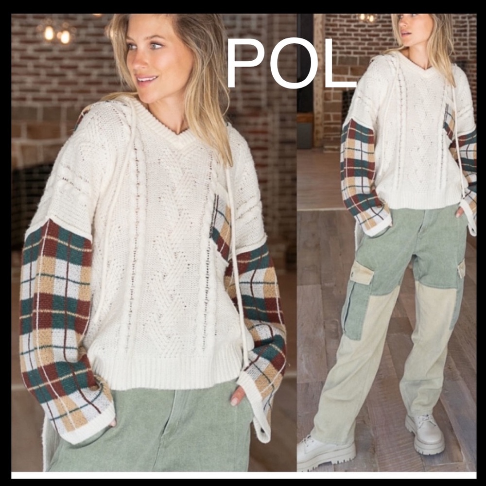 BPS13🤍🤎POL perspective in a boho cream v-neck sweater w/tan+brown check trim - Picture 1 of 11